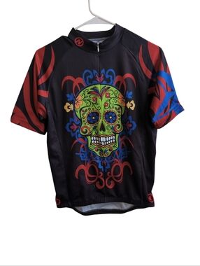 Nashbar Black Sugar Skull Short Sleeve Full Zip Cycling Jersey Size Medium